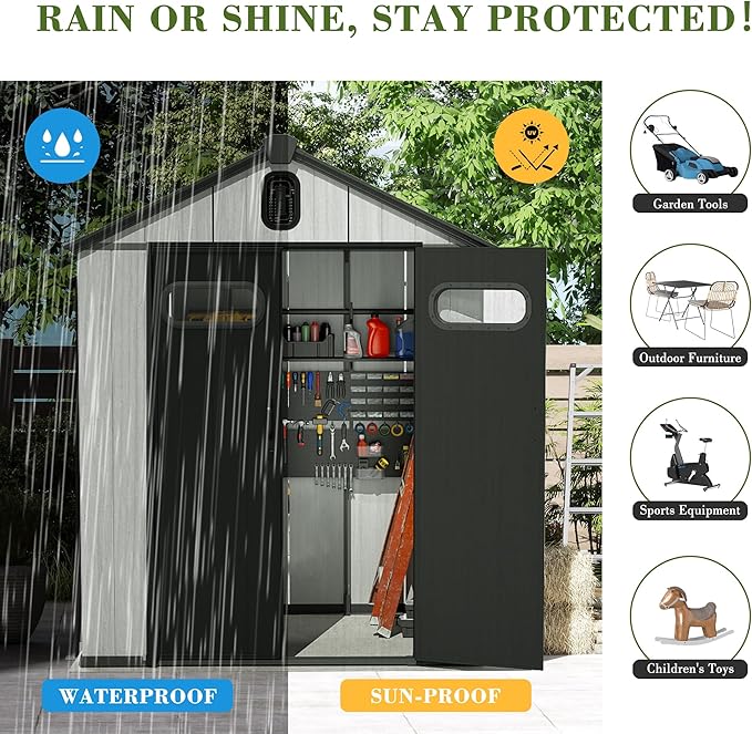 Domi 8x6FT Outdoor Resin Storage Shed with Transparent Windows & Louvered Vents, Plastic Tool Shed with Double Lockable Doors & Gable Roof, Outside Garden Shed for Backyard, Patio, Lawn, Grey