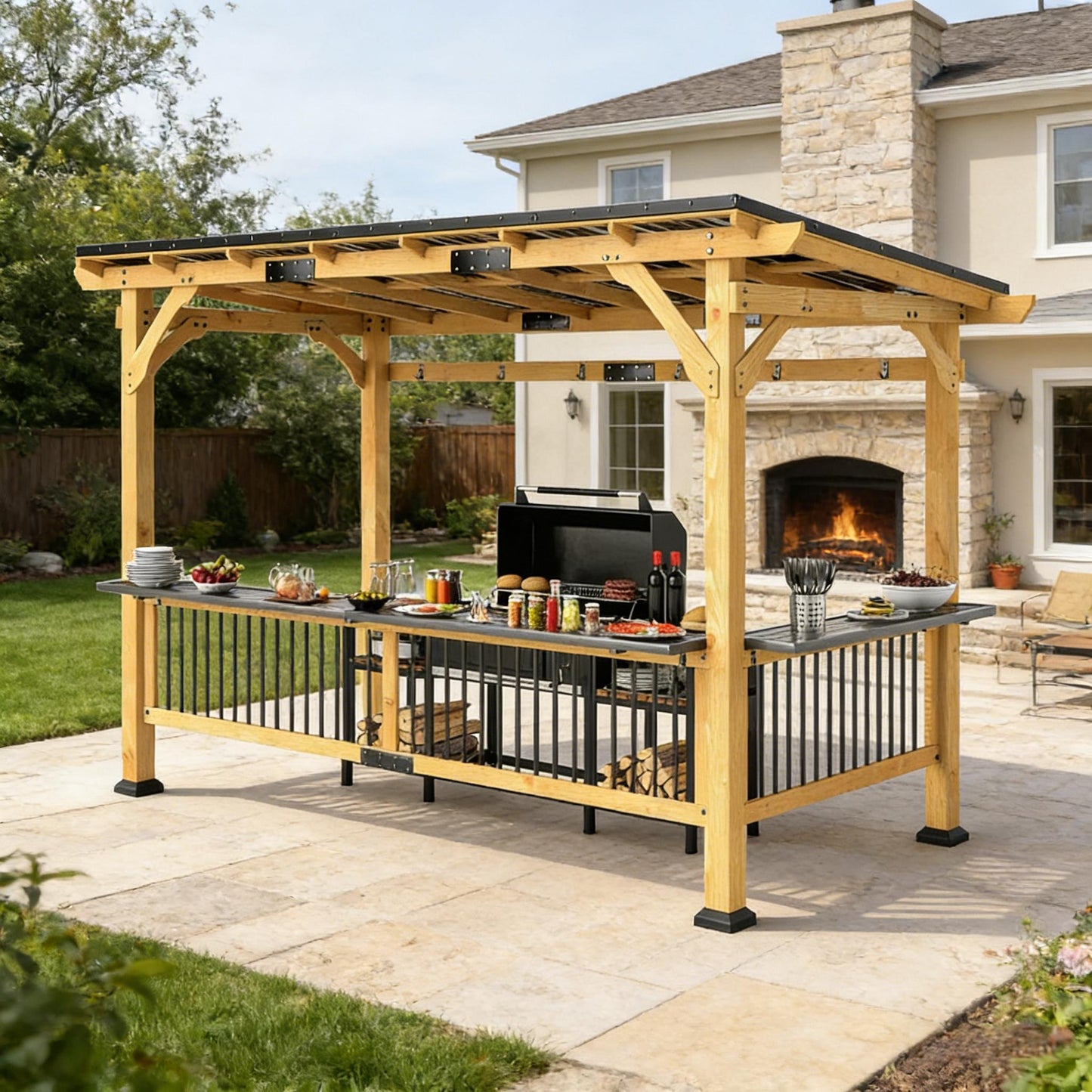 6X13FT Premium Outdoor Hardtop Wooden BBQ Grill Gazebo
