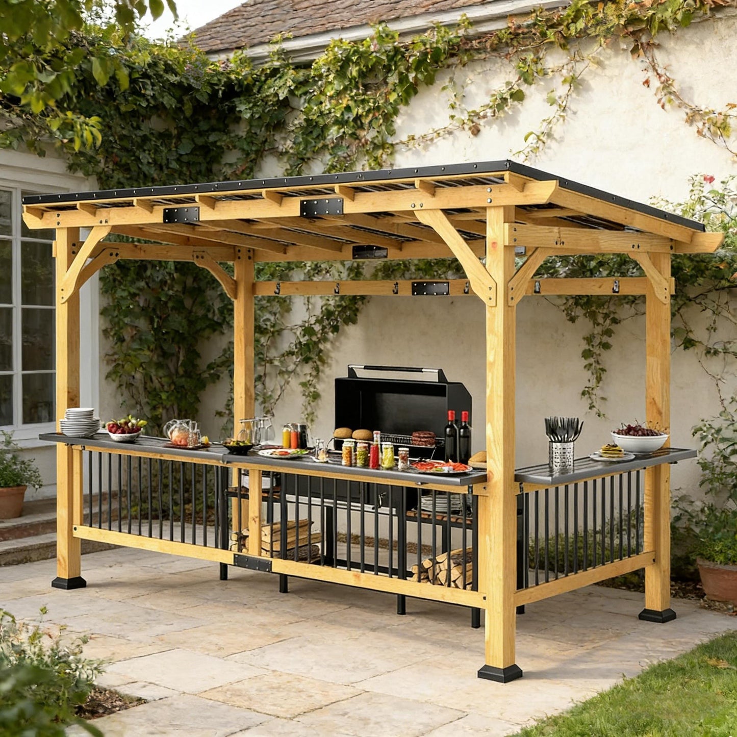 6X13FT Premium Outdoor Hardtop Wooden BBQ Grill Gazebo