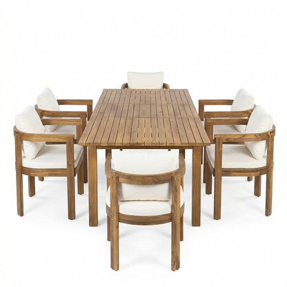 7 Pieces Acacia Wood Outdoor Dining Set with Cream Cushions