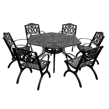 Outdoor Aluminum 7pc Hexagon Patio Dining Set, Lazy Susan, Six Chairs