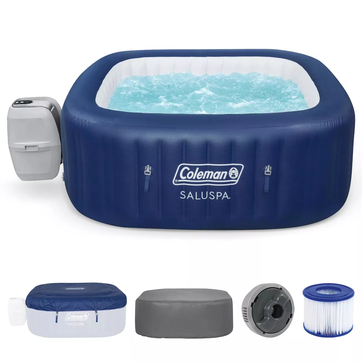 Coleman Atlantis Airjet Large Square 4 to 6 Person Inflatable Hot Tub Portable Outdoor Spa with 140 Airjets and Energysense Cover, Blue