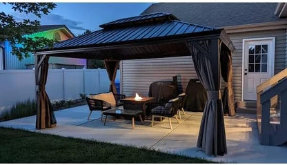Kozyard Alexander 12‘ X 16’ Hardtop Aluminum Permanent Gazebo with a Mosquito Net and Privacy Sidewalls, Permanent Gazebo Pavilion for Patio, Backyard (Alexander 12'x16' (Brown))