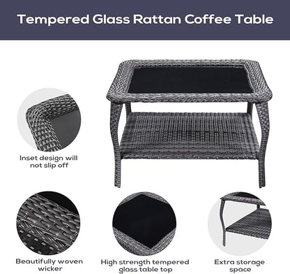 Outdoor Furniture Sectional Sofa L Shaped Couch - Patio Wicker Set with 2 Swivel Glider Chairs, 5 Piece Rattan Patio Conversation Sets with Gray Cushion for Deck Backyard Sunroom
