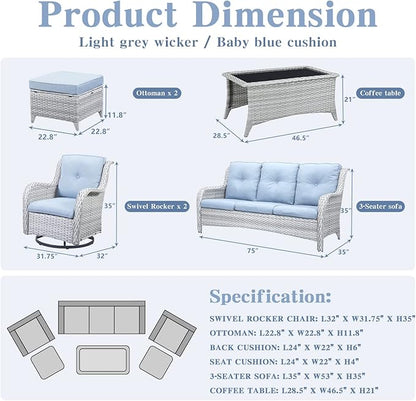 Wicker Outdoor Furniture Patio Furniture Set - 6 Piece Patio Conversation Set with Swivel Rocker Chairs, Rattan Sofa, Ottomans and Coffee Table, Baby Blue Cushion