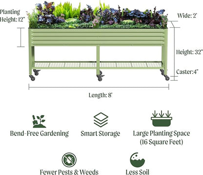 Rolling Elevated Raised Garden Bed-V Series, 2' x 8' Garden Beds with Legs & Storage Rack for Patio & Porch, 1400 Lbs Weight Capacity, Outdoor Planter Box for Vegetables Flower Herbs, Olive Green