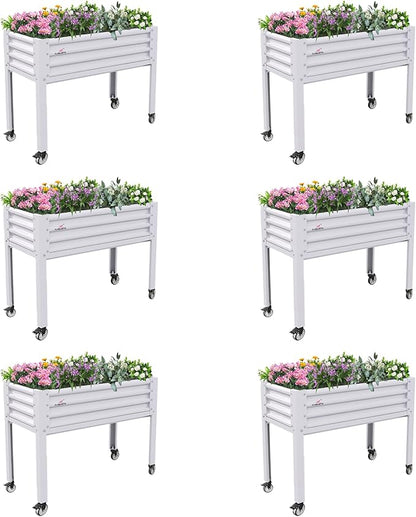 A ANLEOLIFE 6-Set Galvanized Raised Garden Bed with Legs,48x24x35in Large Elevated Planter Box on Wheels with Drainage Holes for Backyard, Balcony, Patio, 600lb Capacity, Antique White