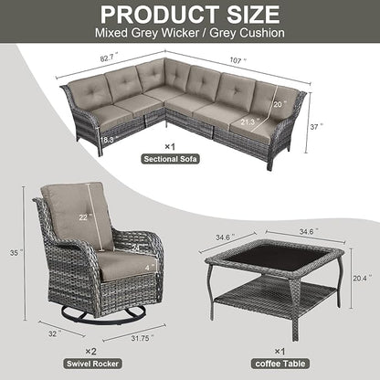 Outdoor Furniture Sectional Sofa L Shaped Couch - Patio Wicker Set with 2 Swivel Glider Chairs, 5 Piece Rattan Patio Conversation Sets with Gray Cushion for Deck Backyard Sunroom