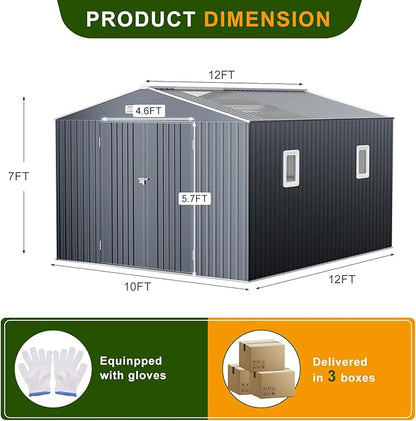 12x10 FT Metal Sheds & Outdoor Storage: Heavy Duty Garden Sheds with Dual Transparent Panels, DIY-installable Windows & Lockable Doors, Weatherproof Tool Shed for Backyard, Garden, Patio, Grey