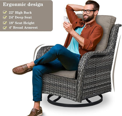 Outdoor Furniture Sectional Sofa L Shaped Couch - Patio Wicker Set with 2 Swivel Glider Chairs, 5 Piece Rattan Patio Conversation Sets with Gray Cushion for Deck Backyard Sunroom