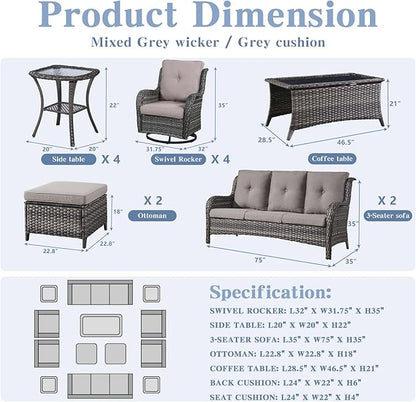 Wicker Patio Furniture Sets - 13 Piece Outdoor Rattan Furniture Conversation Sets with 4 Swivel Rocker Chairs, 2 Rattan Sofas, Wicker Ottomans and Coffee Table, Mixed Grey/Grey