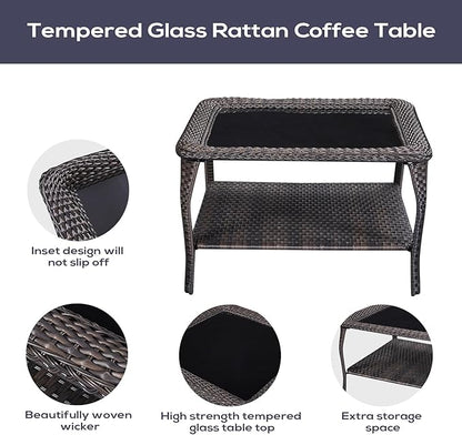 Outdoor Furniture Sectional Sofa L Shaped Couch - Patio Wicker Set with Coffee Table, 3 Piece Rattan Patio Conversation Sets with Beige Cushion for Deck Backyard Sunroom