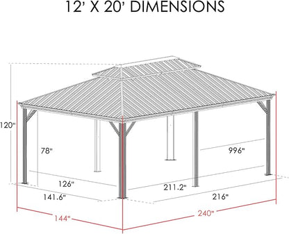 Kozyard Alexander 12' X 20' Permanent Aluminum Hardtop Gazebo with Galvanized Steel Double Roof Canopy, Curtain and Netting or Patio, Backyard, Deck, Lawn (Brown)