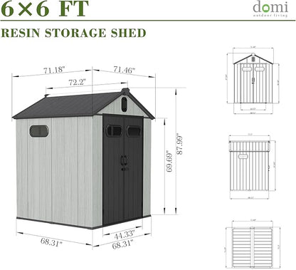 Domi 6x6FT Outdoor Resin Storage Shed with Transparent Windows & Louvered Vents, Plastic Tool Shed with Double Lockable Doors & Gable Roof, Outside Garden Shed for Backyard, Patio, Lawn, Grey