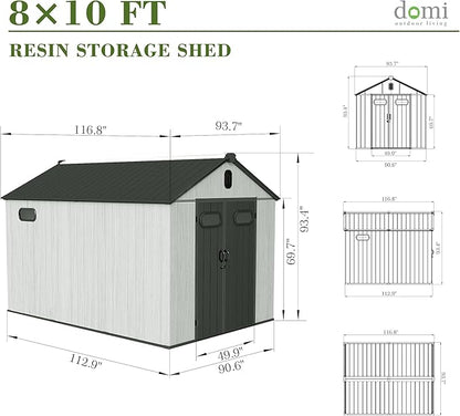 Domi 8x10FT Outdoor Resin Storage Shed with Transparent Windows & Louvered Vents, Plastic Tool Shed with Double Lockable Doors & Gable Roof, Outside Garden Shed for Backyard, Patio, Lawn, Grey