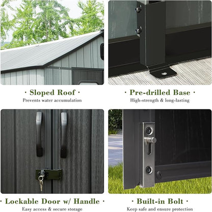 Domi 8x10FT Outdoor Resin Storage Shed with Transparent Windows & Louvered Vents, Plastic Tool Shed with Double Lockable Doors & Gable Roof, Outside Garden Shed for Backyard, Patio, Lawn, Grey