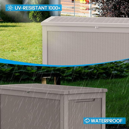267 Gallon Deck Box Large Outdoor Storage for Patio Furniture,Outdoor Cushions,Garden Tools and Pool Supplies,Waterproof,Resin,Lockable(Grey Rattan)