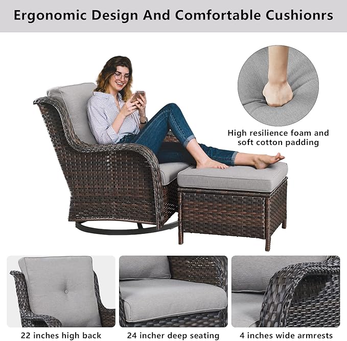 4 Pieces Patio Furniture Sets, Wicker Patio Swivel Glider Chair with Ottomans, Outdoor Furniture Set for Outside Porch, Deck, Balcony, Garden