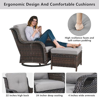 4 Pieces Patio Furniture Sets, Wicker Patio Swivel Glider Chair with Ottomans, Outdoor Furniture Set for Outside Porch, Deck, Balcony, Garden