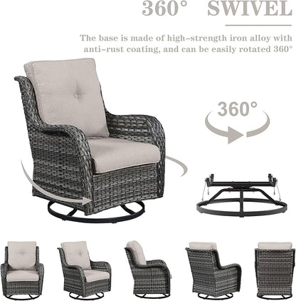 3 PCS Patio Furniture Set - Mixed Grey Wicker Swivel Rocking Chairs with Side Table, Furniture Set for Outdoor
