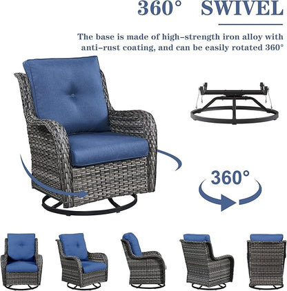 5 Piece Outdoor Patio Furniture Set - Outdoor Conversation Couch and Loveseat Glider Chair Furniture Set with Rattan Coffee Table for Deck Balcony Poolside Gray Wicker/Blue Cushions