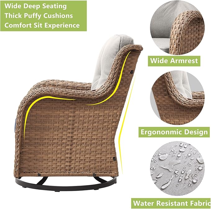Outdoor Wicker Patio Furniture Set - 5 Piece Rattan Patio Conversation Set with 2 Rocking Swivel Chairs,2 Ottomans and 1 Loveseat for Porch Deck Backyard Garden(Yellow/Beige)