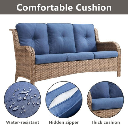 Outdoor Wicker Patio Furniture Set - 6 Piece Rattan Patio Conversation Set with 2 Rocking Swivel Chairs,2 Ottomans,1 Sofa and 1 Side Table for Porch Deck Backyard Garden(Yellow/Blue)