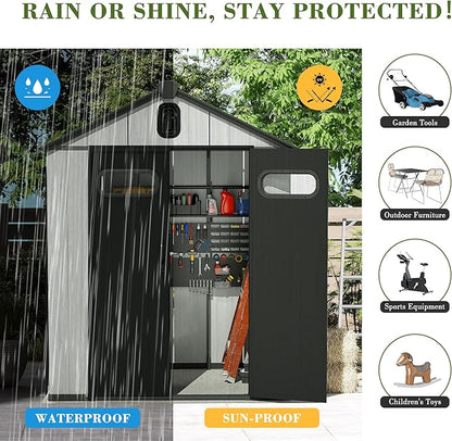 Domi 8x6FT Outdoor Resin Storage Shed with Transparent Windows & Louvered Vents, Plastic Tool Shed with Double Lockable Doors & Gable Roof, Outside Garden Shed for Backyard, Patio, Lawn, Grey