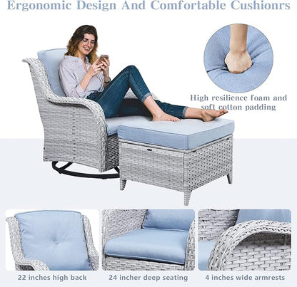 Wicker Outdoor Furniture Patio Furniture Set - 6 Piece Patio Conversation Set with Swivel Rocker Chairs, Rattan Sofa, Ottomans and Coffee Table, Baby Blue Cushion