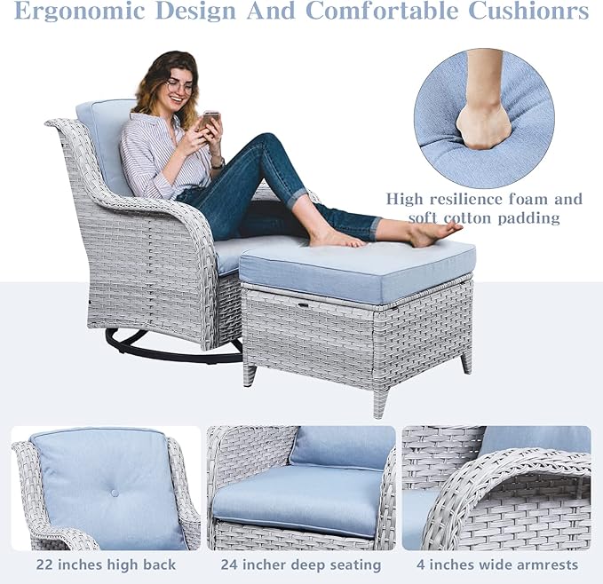 Wicker Patio Furniture Sets - 13 Piece Outdoor Rattan Furniture Conversation Sets with 4 Swivel Rocker Chairs, 2 Rattan Sofas, Wicker Ottomans and Coffee Table, Light Grey/Baby Blue