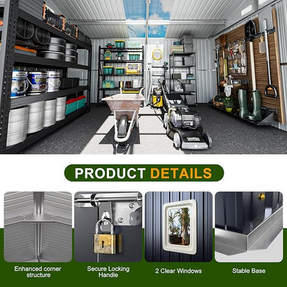 12x10 FT Metal Sheds & Outdoor Storage: Heavy Duty Garden Sheds with Dual Transparent Panels, DIY-installable Windows & Lockable Doors, Weatherproof Tool Shed for Backyard, Garden, Patio, Grey