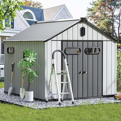 Aoxun 10X8FT Outdoor Shed with Floor, Resin Storage Shed with Lockable Door, Garden Utility Tool Shed Storage House for Backyard, Patio, Lawn