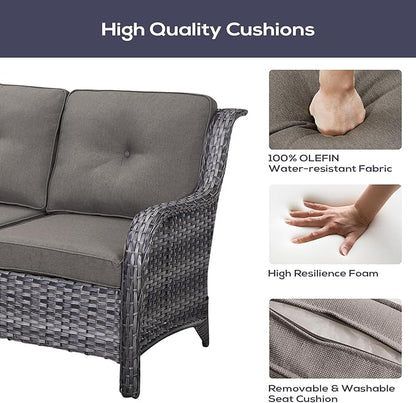 Outdoor Furniture Sectional Sofa L Shaped Couch - Patio Wicker Set with 2 Swivel Glider Chairs, 5 Piece Rattan Patio Conversation Sets with Gray Cushion for Deck Backyard Sunroom