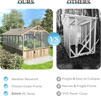 8x16 FT Greenhouse for Outdoor, 6MM Thick Polycarbonate Panel Wooden Walk-in Green House with Adjustable Roof Vents and Lockable Door, Backyard Garden, Light Mocha Brown