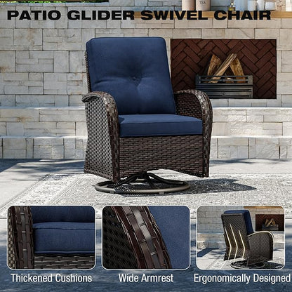 Joyside 5 Piece Patio Furniture Set, Outdoor Swivel Chair Sets with Thick Cushion and Ottoman, Wicker Patio Conversation Set for Porch, Deck Use (Brown/Blue, 5 PCS)