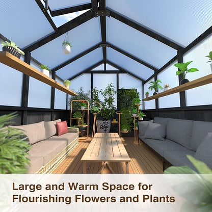 6x12 FT Greenhouse Kit for Outdoor, Thickened Polycarbonate Panel Wooden Walk-in Green House with Lockable Door and Adjustable Roof Vent, Backyard Garden, Black