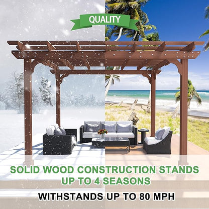 MUPATER 12×12 FT Outdoor Pergola with Roof, Wooden Pergola Kit with Stakes, Wood Garden Shelter Structure for Climbing Plant, Snow and Wind Supported, Shade for Patio, Backyard, Deck