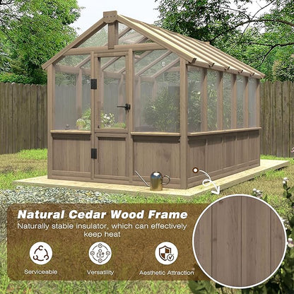 6x10 FT Green House for Outdoor, 6MM Thick Polycarbonate Panel Wooden Walk-in Greenhouse Kit with Lockable Door and Adjustable Roof Vent, Backyard Garden, Light Mocha Brown