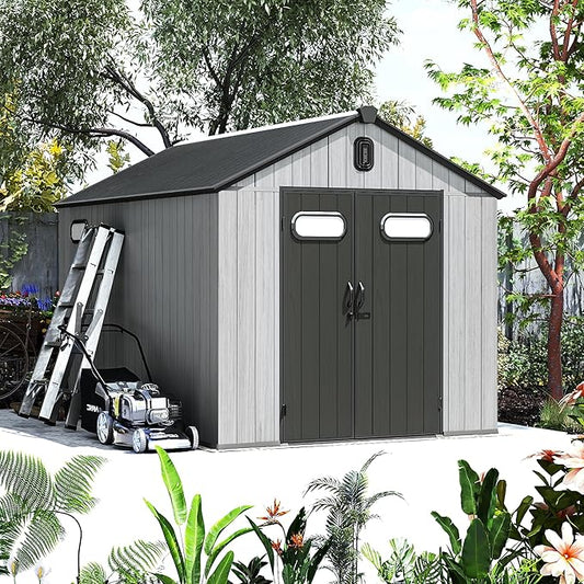 Domi 8x12FT Outdoor Resin Storage Shed with Transparent Windows & Louvered Vents, Plastic Tool Shed with Double Lockable Doors & Gable Roof, Outside Garden Shed for Backyard, Patio, Lawn, Grey