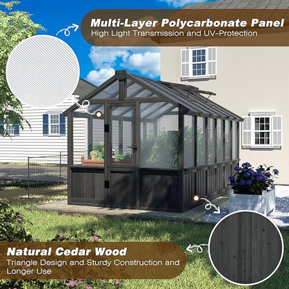 6x12 FT Greenhouse Kit for Outdoor, Thickened Polycarbonate Panel Wooden Walk-in Green House with Lockable Door and Adjustable Roof Vent, Backyard Garden, Black
