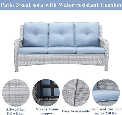 Wicker Patio Furniture Sets - 13 Piece Outdoor Rattan Furniture Conversation Sets with 4 Swivel Rocker Chairs, 2 Rattan Sofas, Wicker Ottomans and Coffee Table, Light Grey/Baby Blue