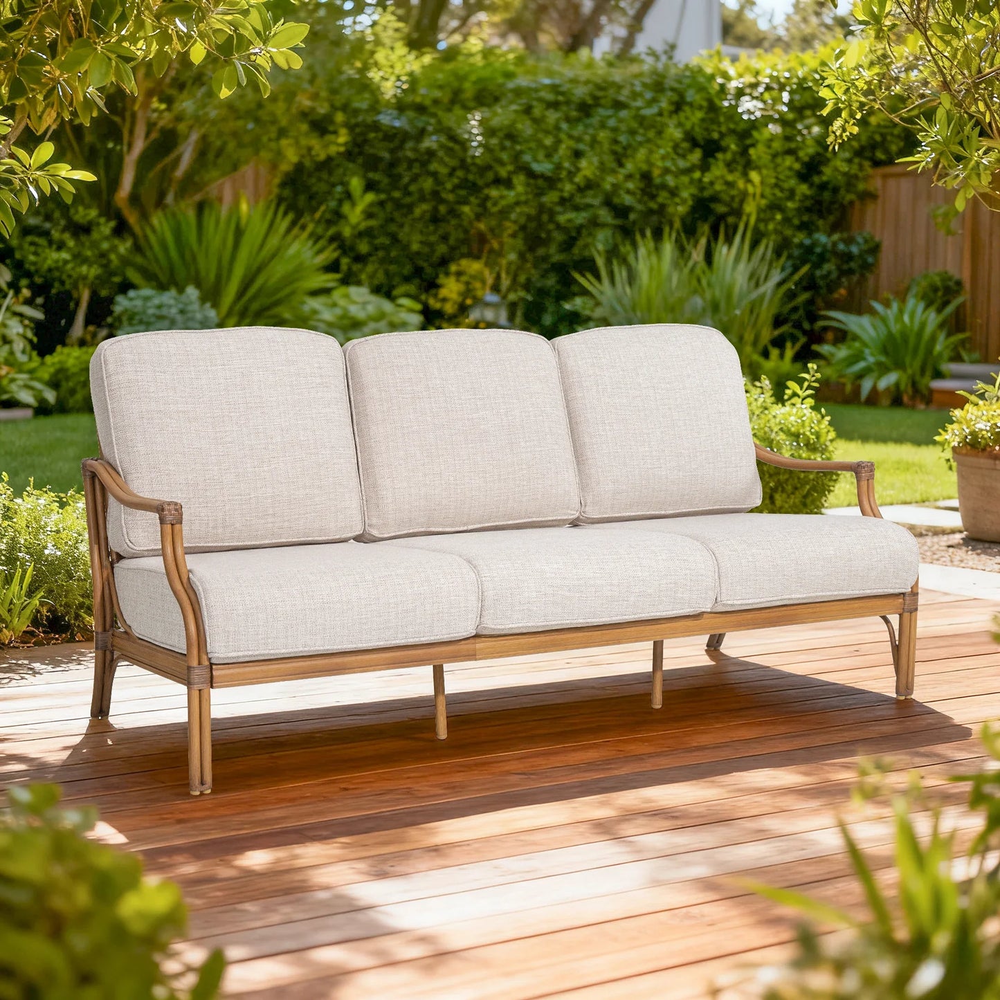 Arcadia Patio Sofa and 2 Swivel Chairs with Coffee Table