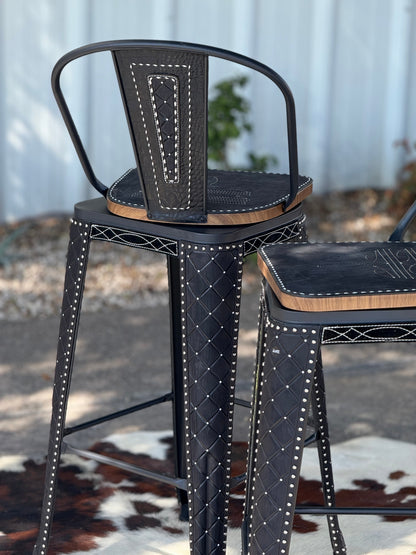 (STOCK) SET OF 2 30" BLACK SWIVEL BAR STOOL WITH BLACK COWBOY STITCH
