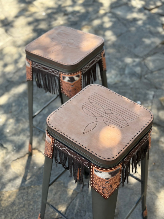 (STOCK) Set of 2 30" black bar stools w/ GOLDEN COWBOY STITCH & Fringe