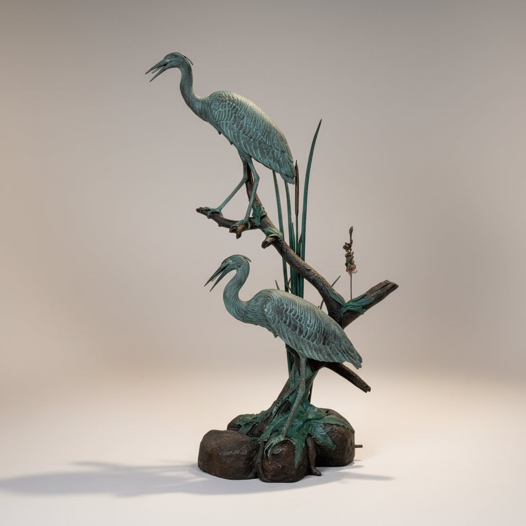 Two Crane Birds in Reeds Fountain Bronze Statue