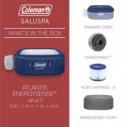 Coleman Atlantis Airjet Large Square 4 to 6 Person Inflatable Hot Tub Portable Outdoor Spa with 140 Airjets and Energysense Cover, Blue