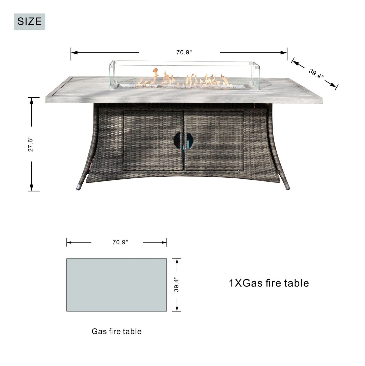 Direct Wicker Patio Fire Pit Dining Set 6-Seat Rectangular Aluminum Table with Rattan Chairs
