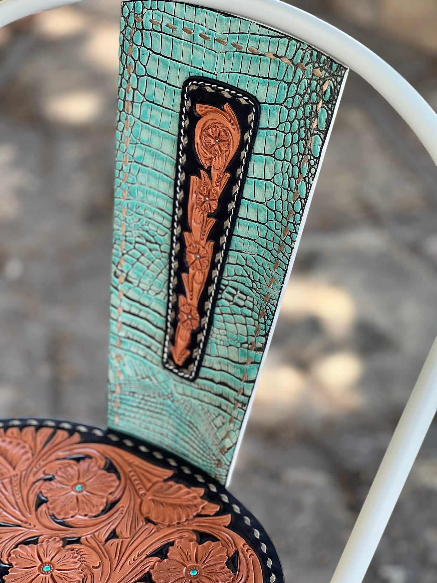 (STOCK- SINGLE BAR STOOL) 30" THE TURQUOISE GATOR w/ Tall Back in WHITE