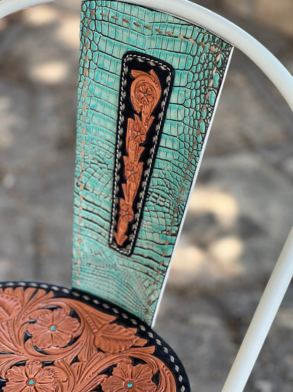 (STOCK- SINGLE BAR STOOL) 30" THE TURQUOISE GATOR w/ Tall Back in WHITE