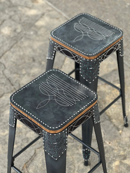 (STOCK) Set of 2 30" Black barstool w/ Black Cowboy stitch
